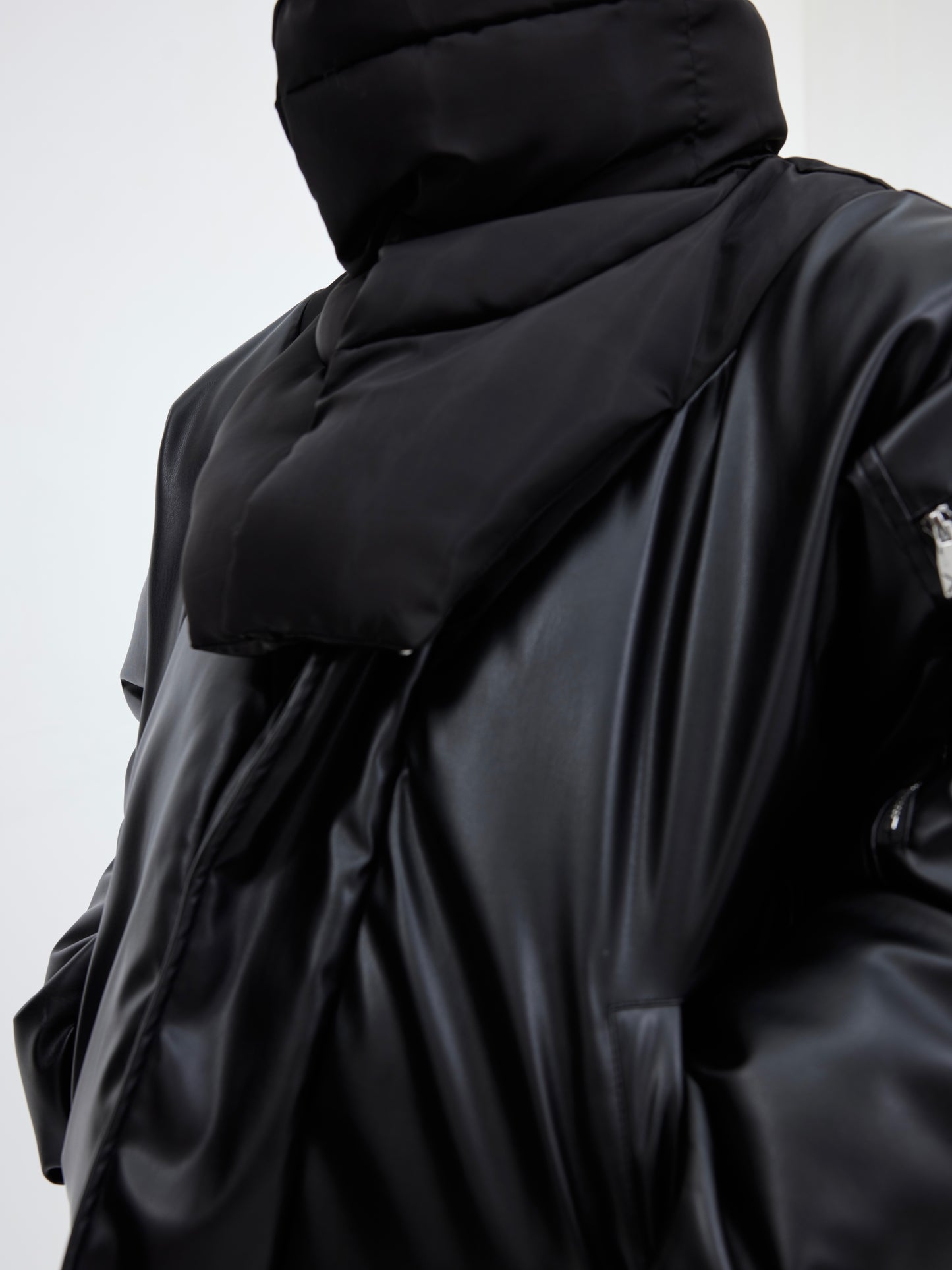 Double-layer Collar Design Cotton Coat Jacket Glossy PU Leather Stitching Thickening Cotton-padded Coat