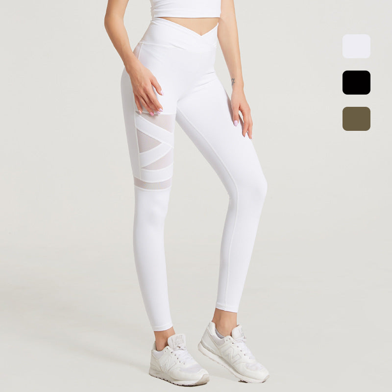 Mesh Stitching Cross Belly And Hip Lift Yoga Trousers