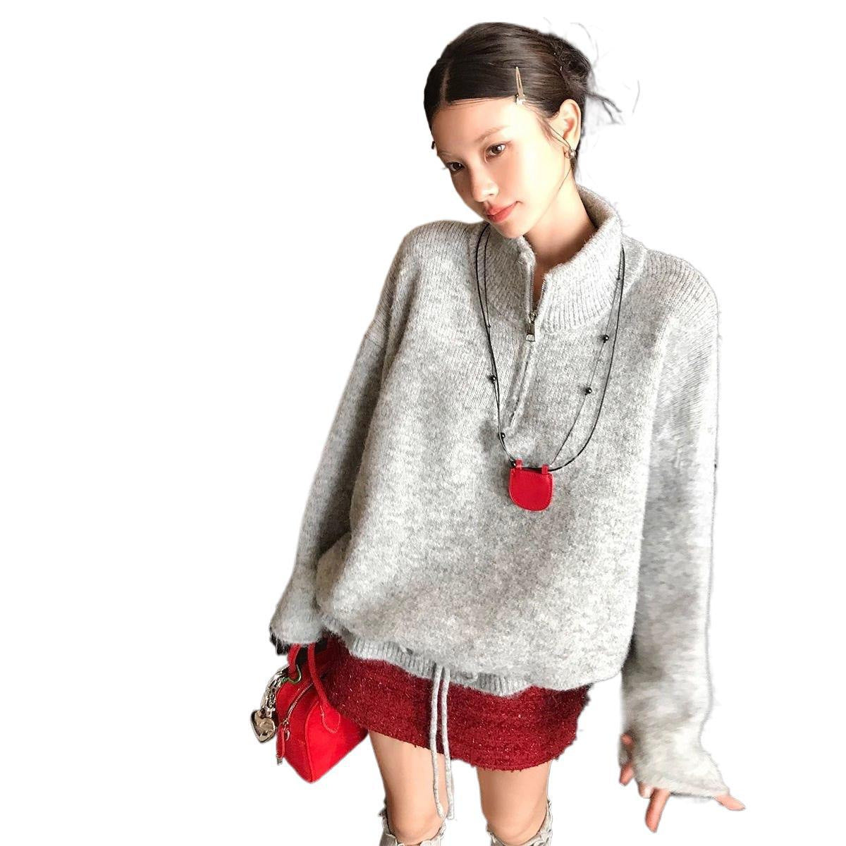 Women's Retro Lazy Style Contrast Color Letter Drawstring Pullover Sweater