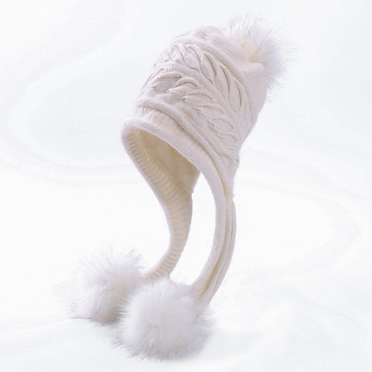 Winter Warm Ear Protection Three Hair Ball Pleated Rabbit Fur Hood