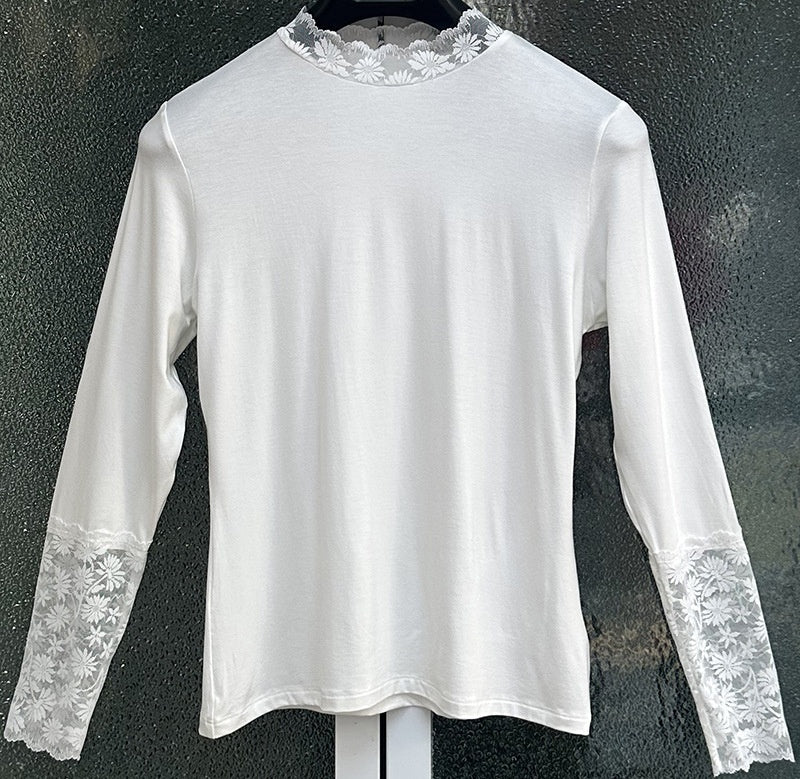 Womens Low-neckline Lace Black Top Thin Long-sleeve Design