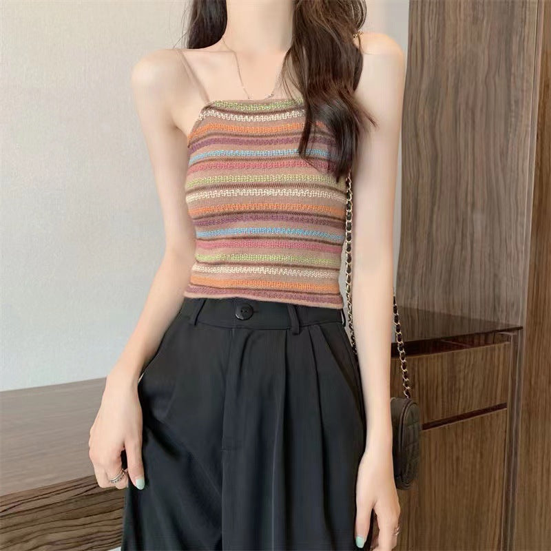 Colorful Striped Knitted Small Suspender Women's Vest
