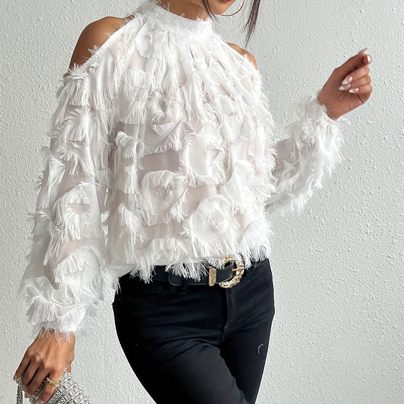 Fransk-inspireret langærmet off-shoulder bluse med frynser til hverdagsbrug
