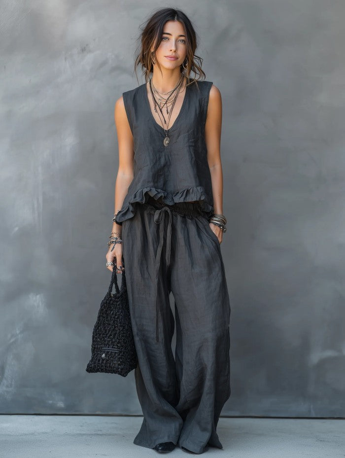 V-neck Sleeveless Ruffled Hem Dark Gray Casual Set