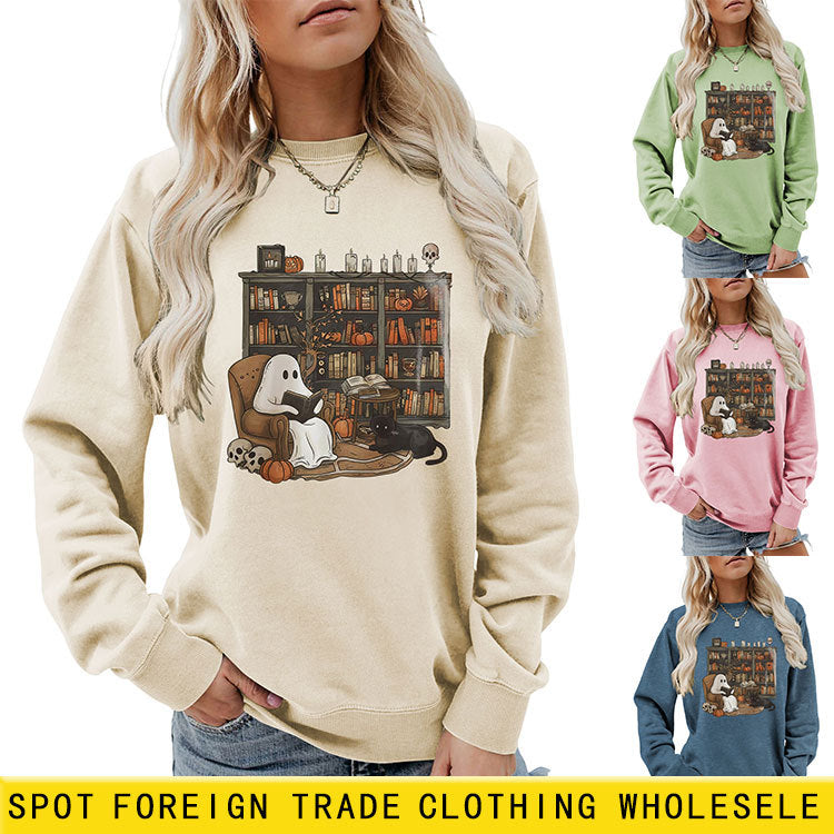 Printed Bookshelf Ghost Black Cat Round Neck Sweater