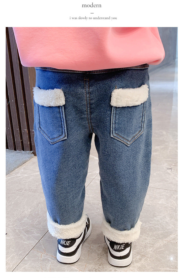 Small And Medium-sized Children's Velvet Thickened Jeans