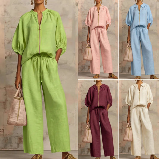 Solid-color Casual Loose-fitting Zip-up Sweatshirt And Straight-leg Pants Set