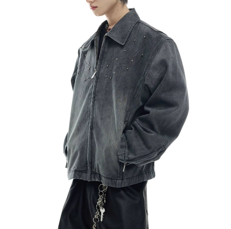 Heavy Retro Washed Rivet Backbone Denim Coat