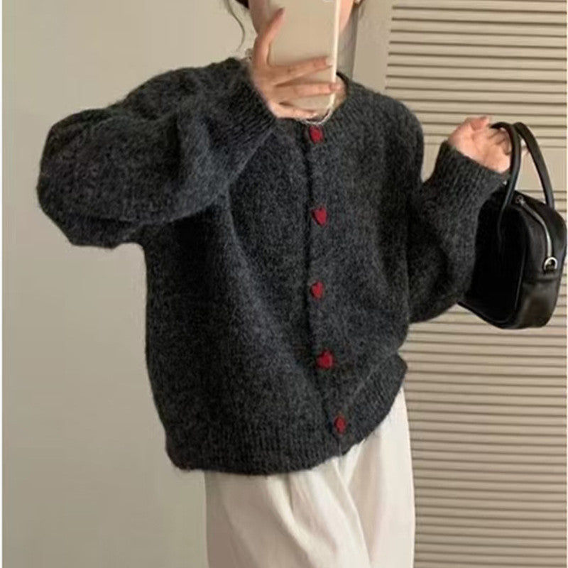 Rundhalset Matchende Design Kærlighed Pige Spænde Strikket Cardigan Sweater Frakke Til Kvinder