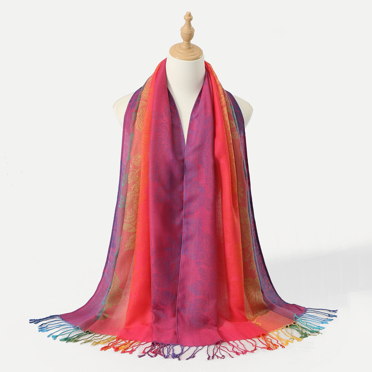 Womens Ethnic-Style Gradient Embroidered Colorful Cashew Tassel Shawl