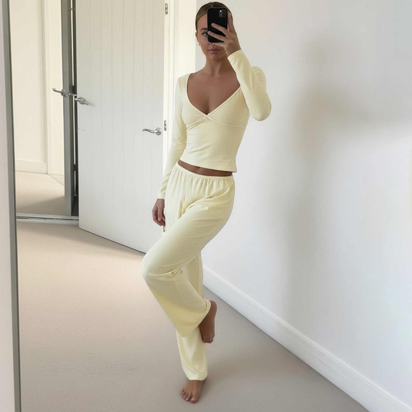 Simple Casual Suit Deep Slim Long Sleeve Low Waist Bootcut Trousers Women's Clothing