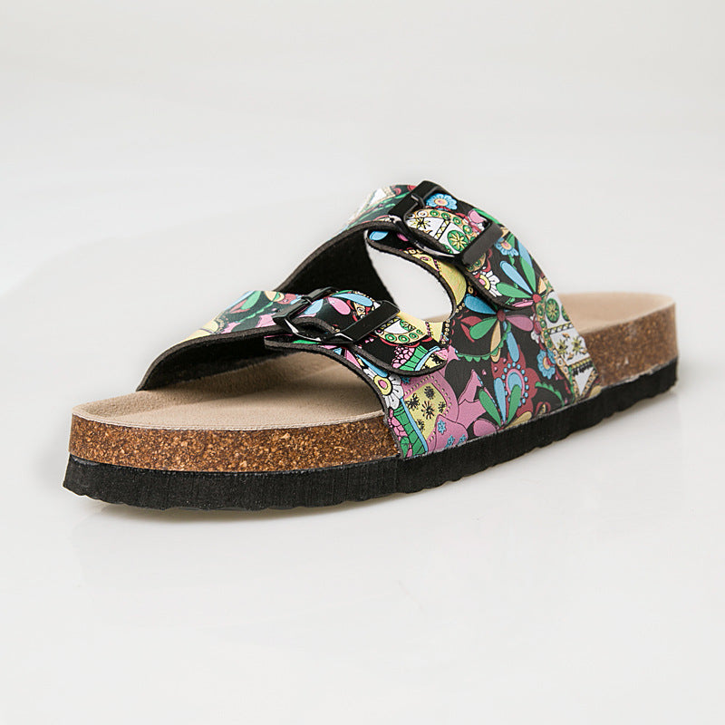 Casual Slippers Two Buckle Flat Cork Drag Sandals Foreign Trade