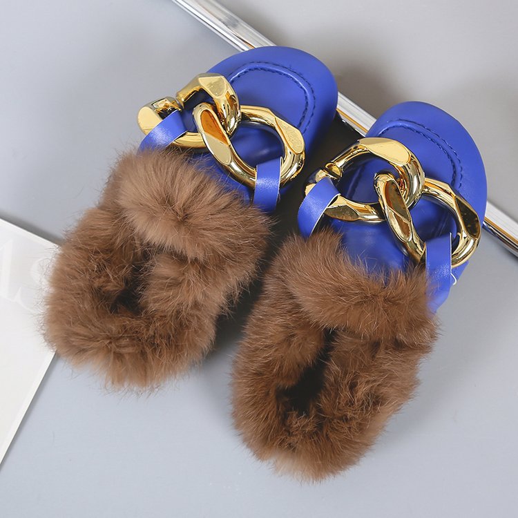 Large Chain Wool Slippers Women's Thick-soled Round Head Baotou Slippers