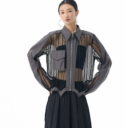 Womens Hollowed-Out Mesh Sheer Statement Top