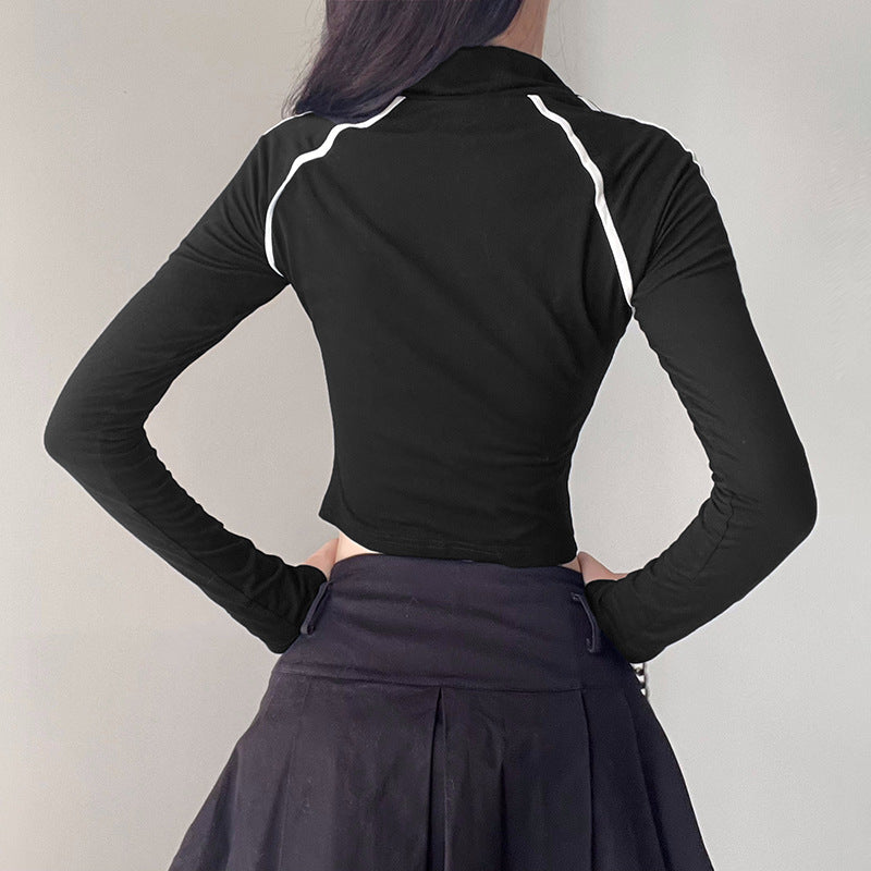 Reverslynlås Kontrastfarvet Fletværk Syning Langærmet Sweater Basic Slim Fit Hot Girl Bogstav Efterår Vinter Jakke
