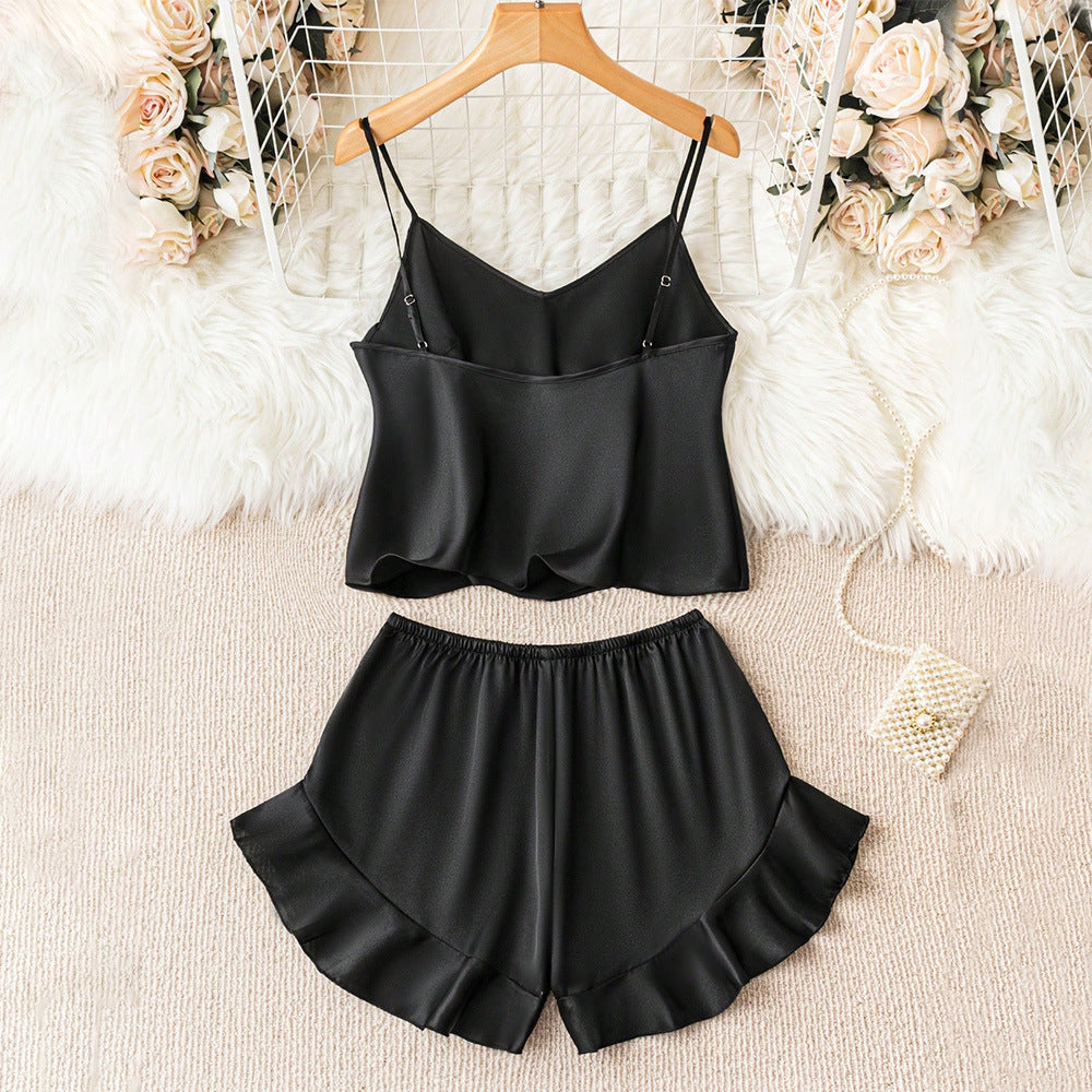 AutumnWinter Suspender Pajamas With Ruffle-trimmed Shorts Two-piece Set