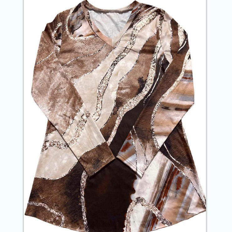 Forår Ny Kvinders Mode V-hals Trykt Malet T-shirt