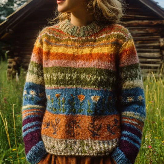 Womens Crew-Neck Sweater With Striped Paneling