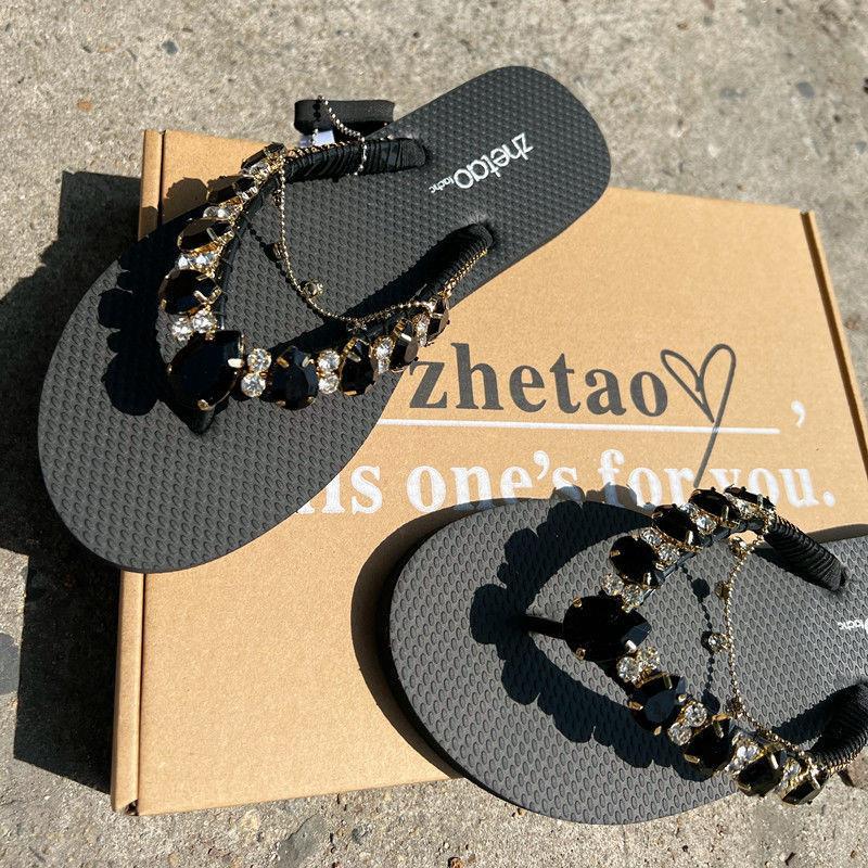 Women's Flat Bottom Bright Diamond Solid Color Non-slip Casual Beach Slippers