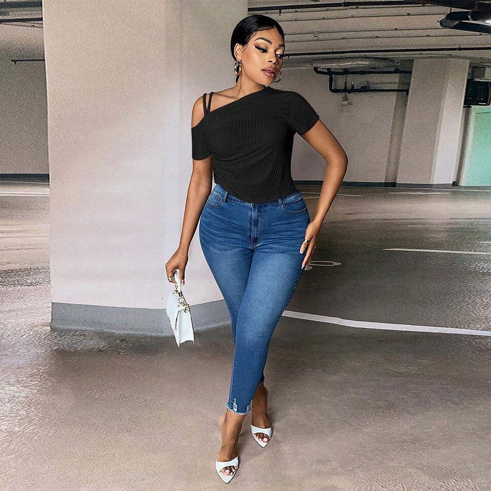 New Slim-fit Off-shoulder Diagonal Neckline Solid Color T-shirt