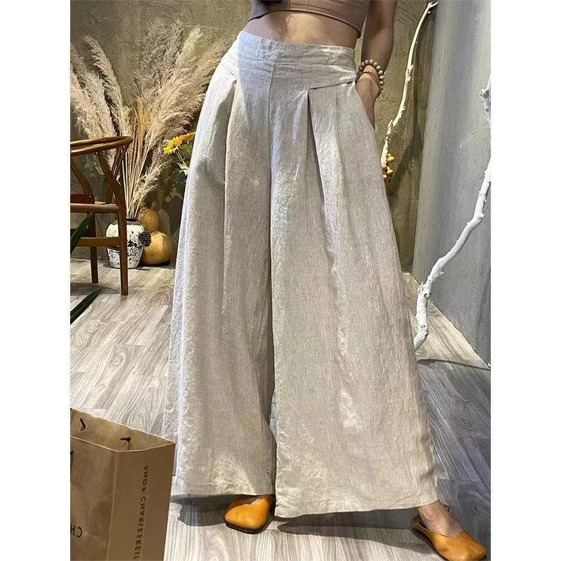 Womens Retro Loose Cotton-Linen Wide-Leg Pants