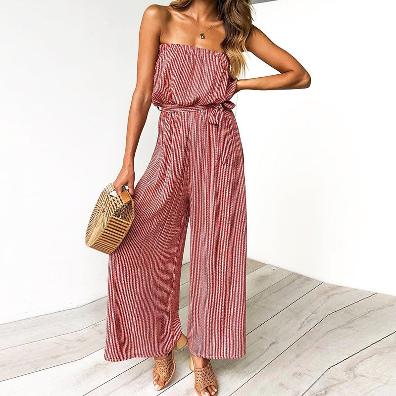 Womens Strapless Striped Printed Lace-Up Wide-Leg Jumpsuit