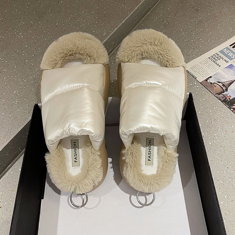 Thick Soled Warm Down Plush Slippers For Women's Outer Wear  Toed Flip Flops