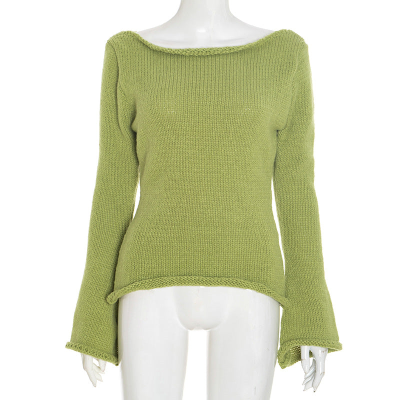 New Solid Color Slim-fit Bell Sleeve T-shirt With Boat Neck