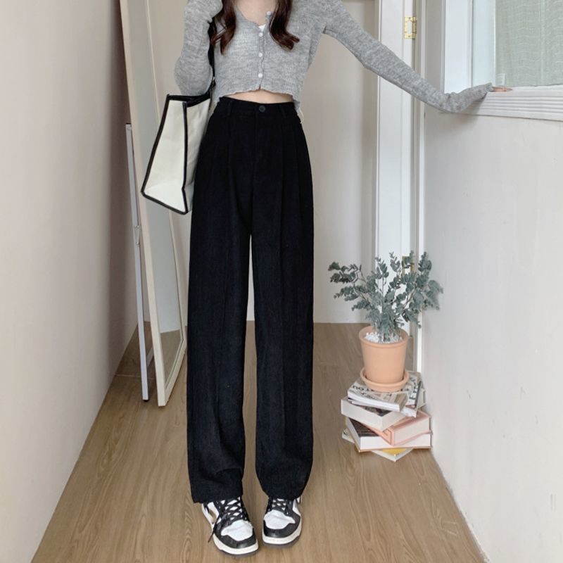 Women's Loose Slimming Straight Casual Long Pants Wide-leg Corduroy Fleece-lined