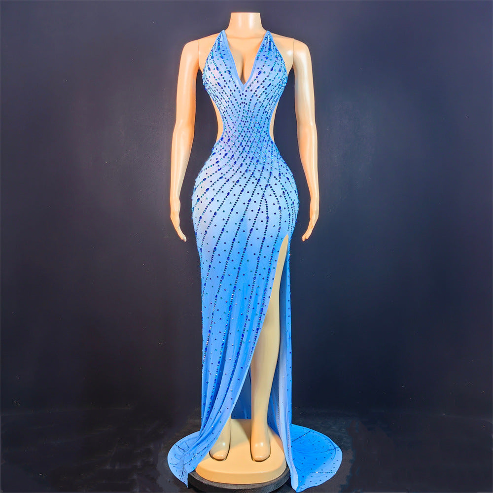 New Elegant Celebrity-Style Party Slip Dress With A Deep V-Neck And Sparkling Rhinestones