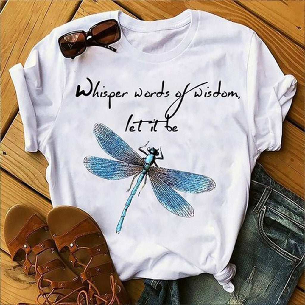 Ladies Alphabet Dragonfly Print T-Shirt Top