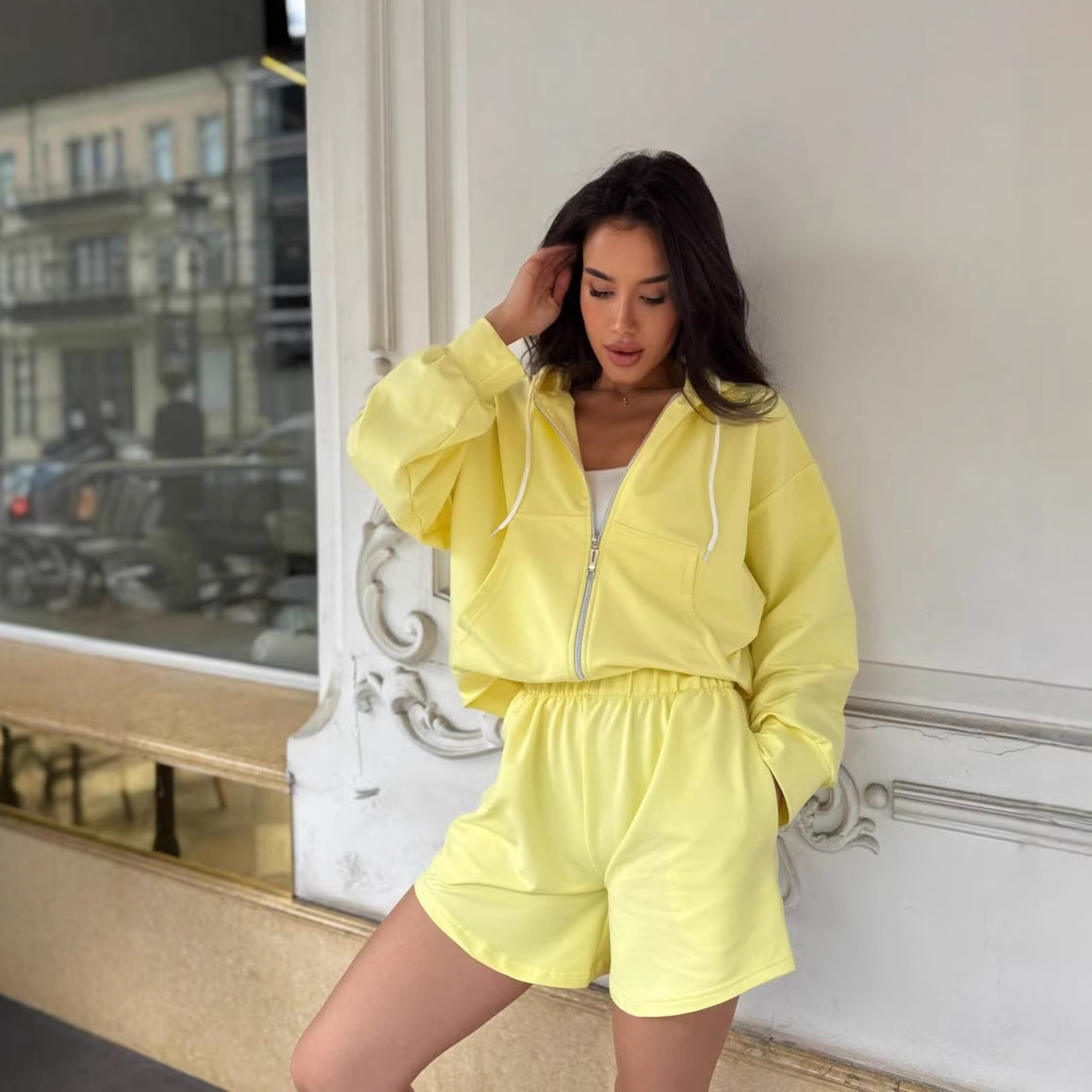 Casual Sweater Jacket And Wide Leg Shorts Two Piece Set
