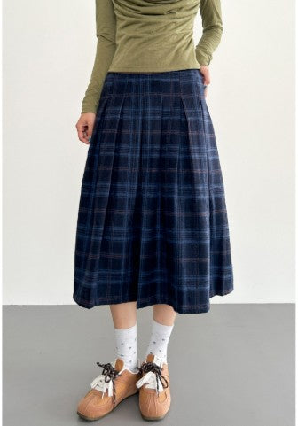 Deep Blue Plaid Preppy-Style Womens A-Line Midi Skirt