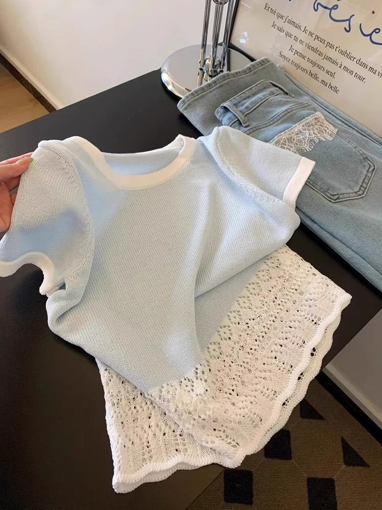 Lace Edge Stitching Hollow Women's Short Sleeve