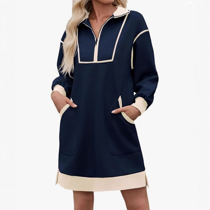Sports Style Half Zip V Neck Long Sleeve Color Block Loose Dress