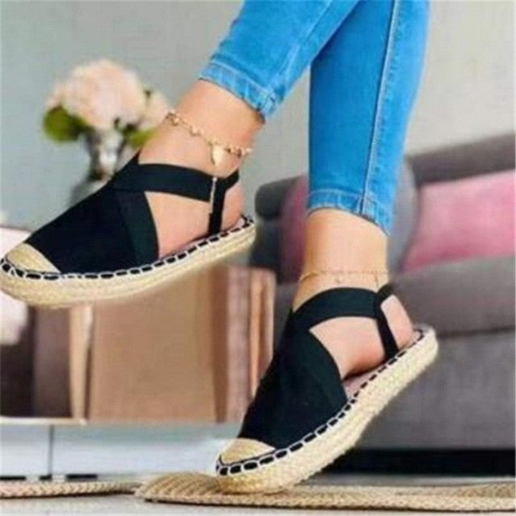 Straw Flat Women's Round Toe Elastic Sandals