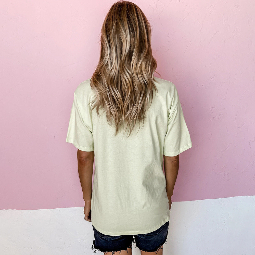 European And American Lip Letter Printing Short-sleeved Burning Flower Hole Loose Casual T-shirt Women
