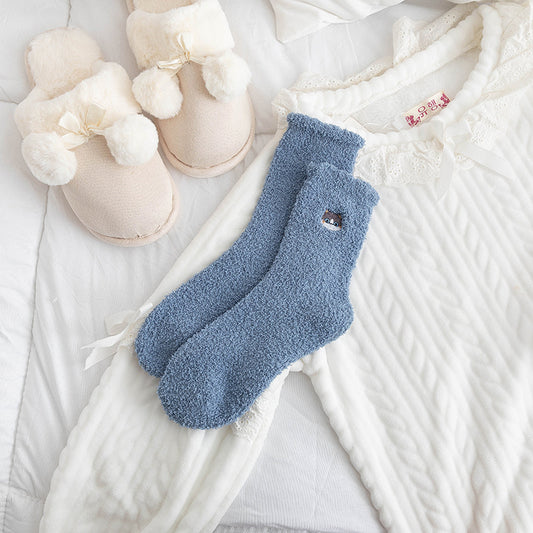 Half Velvet Socks Embroidered Squirrel Middle Tube Thick Warm Towel Socks