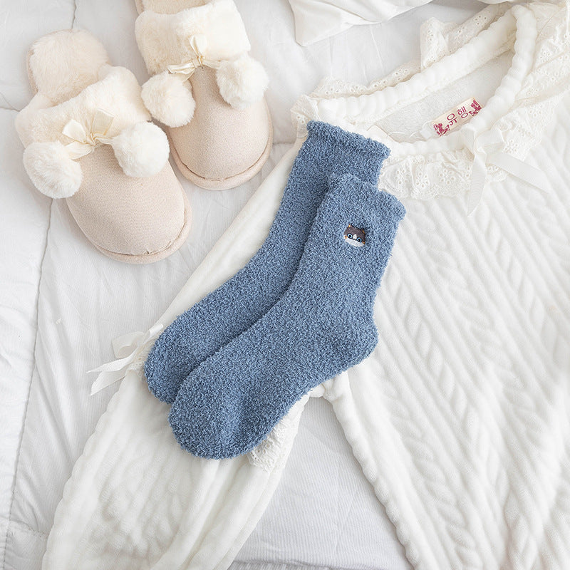 Half Velvet Socks Embroidered Squirrel Middle Tube Thick Warm Towel Socks
