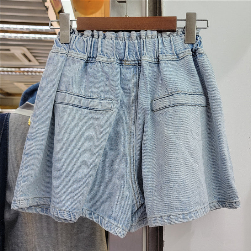 Diamond Beaded High Waist Women's Wide-Leg Denim Shorts