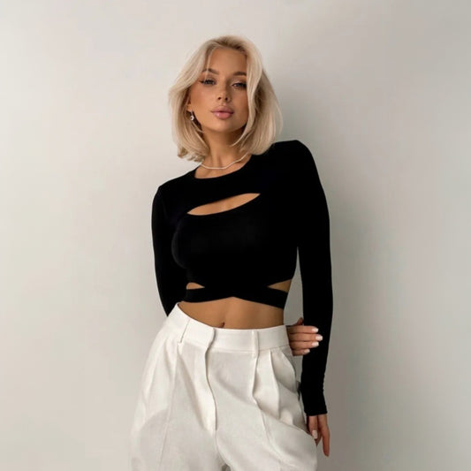 Women's Slim Fit Crop-top Short Top Hollow Out Strap Round Neck T-shirt