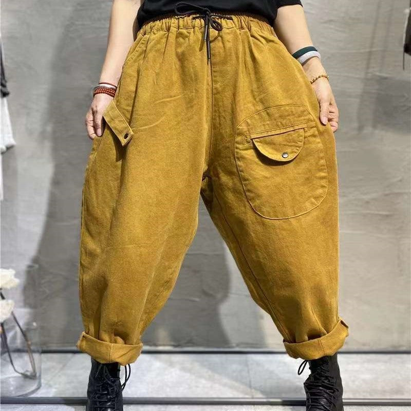 Korean Style Elastic Waistband Patch Pocket Overalls For Women