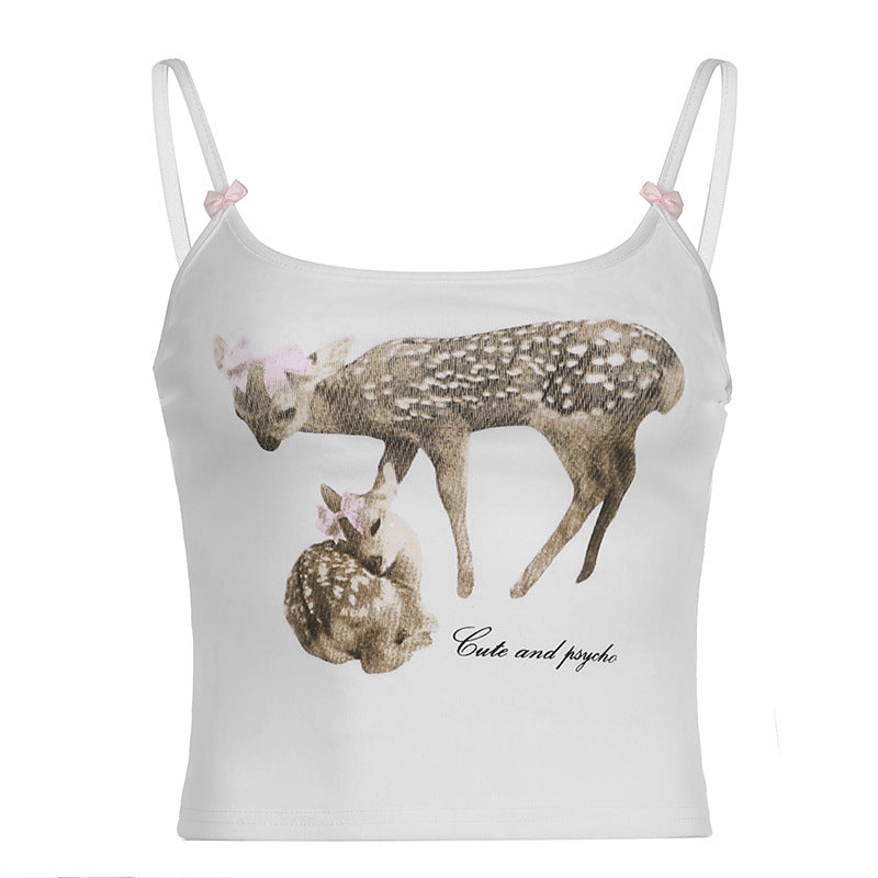 Female Deer Print Girl Bow Knitted Spaghetti-strap Camisole Top
