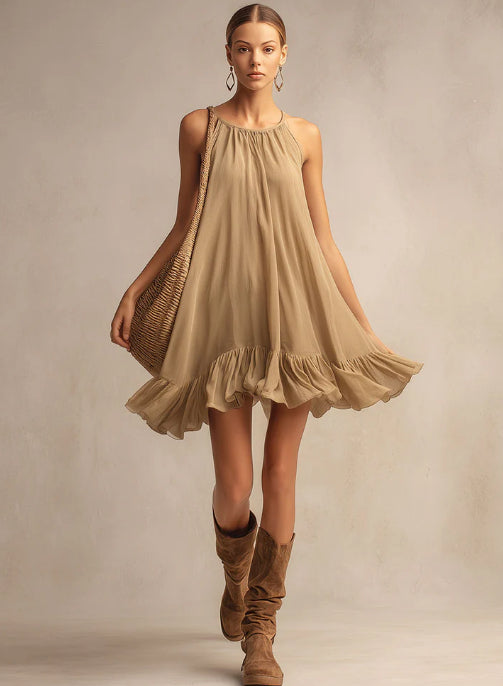 Casual Vacation Style Light Brown Round Neck Chiffon Mini Dress