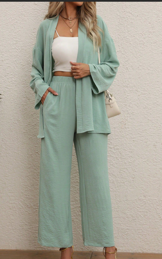 Loose-fitting Cardigan And Wide-leg Pants Two-piece Set