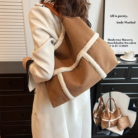 Women Plush Totes Casual Large-capacity Suede Handbag Winter Bags 2pcs