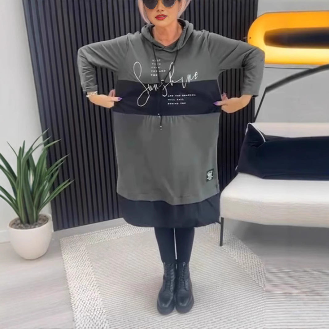 New Letter Splicing Long Sleeve Hooded Sweater Dress