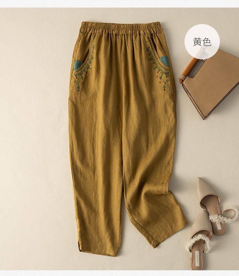 Cotton And Linen Embroidery Baggy Pants Pocket Loose All-matching