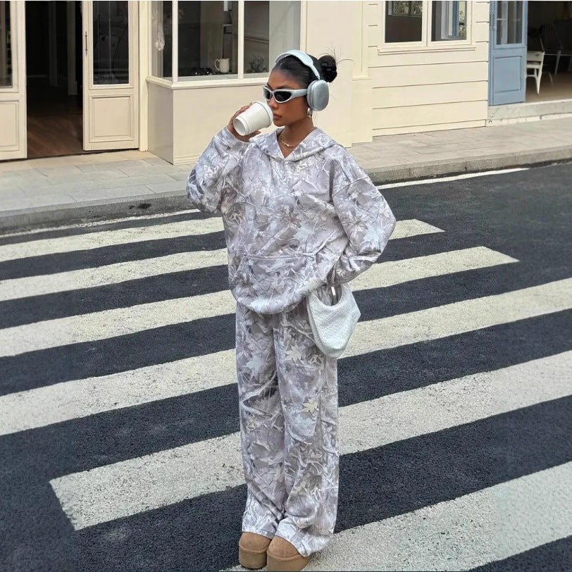 Street Fashion Camouflage Loose Casual Top With Straight-leg Pants