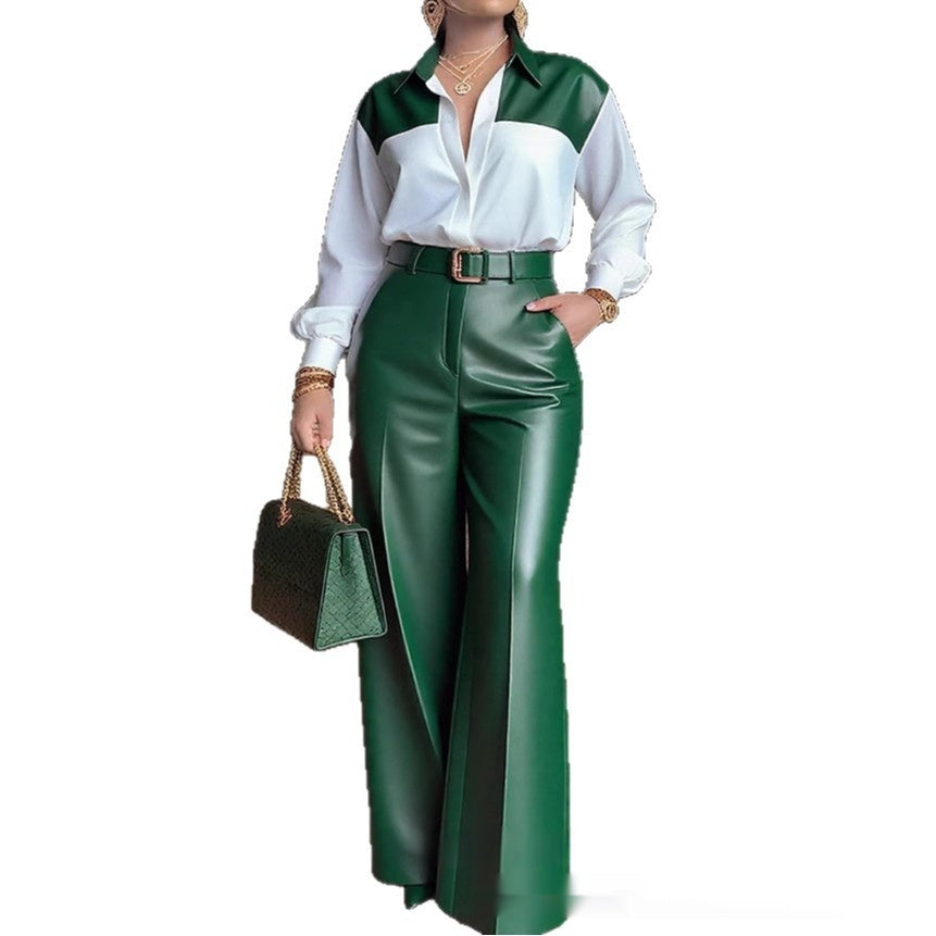Women's Long-sleeve Shirt And Wide-leg Leather Pants Two-piece Set